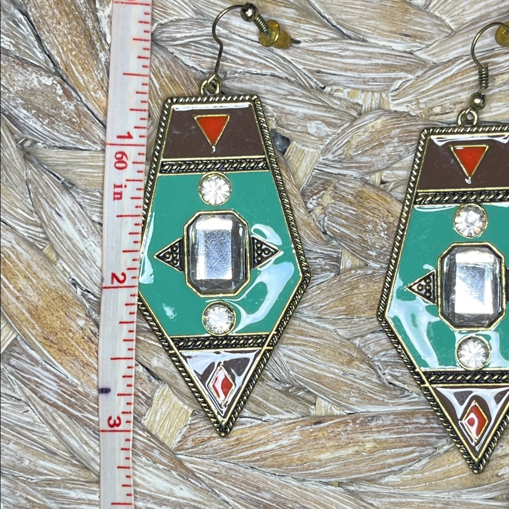 Geometric Enamel and Rhinestone Art Deco Style Earrings - Picture 2 of 3